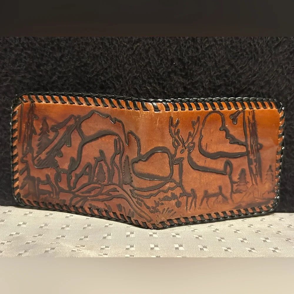 Vintage Hand Tooled Leather Men’s Wallet Cowboy Horse Bifold Handmade Western